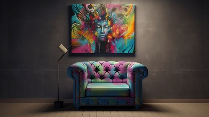 psychedelic 90's single sofa - nostalgic 90's theme with vibrant and eye-catching psychedelic art on simple plain wall background - ideal for real estate photography and interior design. generative ai
