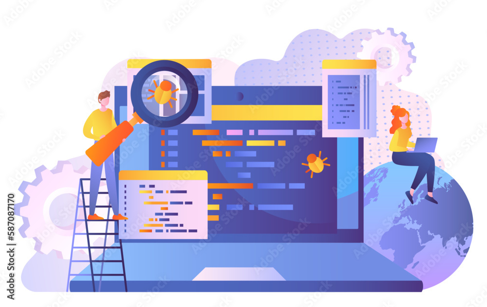 Poster code verification concept. man and woman with laptop evaluate lines of code, develop programs and ap