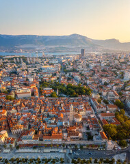 Obraz premium Scenic aerial view of Split with Old City and famous Diocletian’s palace, panoramic morning cityscape, outdoor travel background, Dalmatia, Croatia. Famous and second-largest city in the country