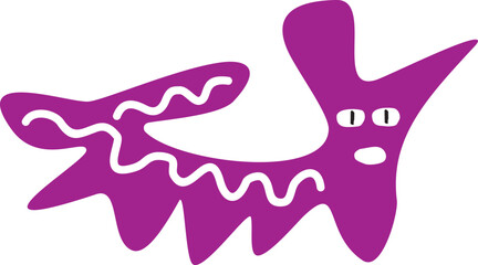 Abstract cheerful purple crazy cat. Symbolic stylized drawing. Vector graphics.