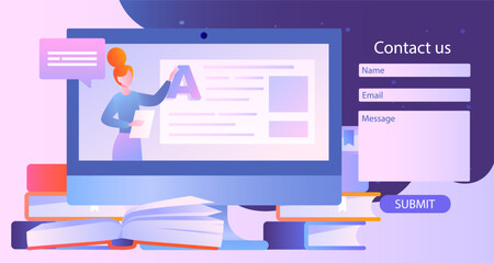 Contact us concept. Woman develops graphic elements for site, interface for programs and applications. Feedback and work with clients, interaction. Business processes. Cartoon flat vector illustration