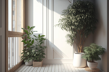 Balcony or veranda with plant, sunbeam, Generative AI - obrazy, fototapety, plakaty