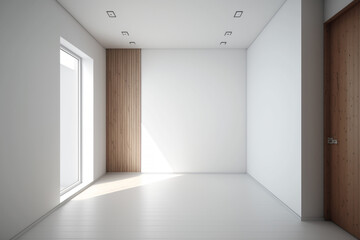 Fototapeta na wymiar Empty room mockup with white floor, window and white wall, wooden panel, empty wall, Generative AI