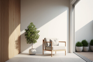 Balcony or veranda in a modern house or apartment with cozy armchair, wood wall and plant, sunbeam, Generative AI