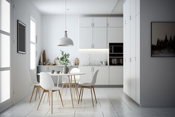 Modern white kitchen and dining room interior with furniture and kitchenware, kitchen interior background, luxury kitchen, Generative AI
