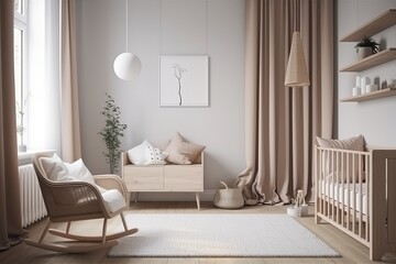Fototapeta na wymiar Modern minimalist nursery room in scandinavian style. Baby room. Generative AI