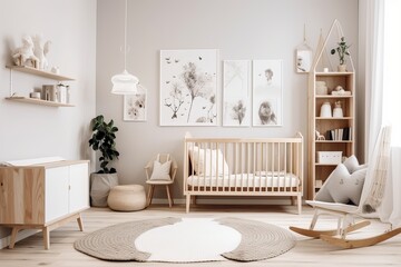 Obraz premium Modern minimalist nursery room in scandinavian style. Baby room. Generative AI