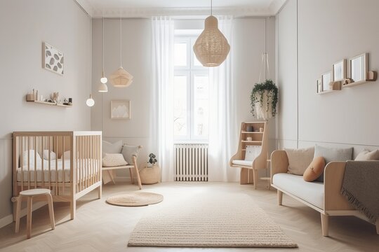 Modern minimalist nursery room in scandinavian style. Baby room. Generative AI