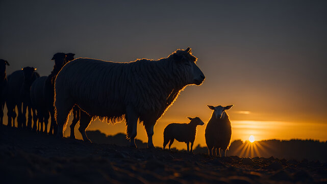 Shepherd and sheep at sunset, photo taken with back light. (Generative AI)