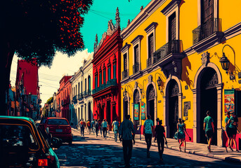 Fototapeta na wymiar In Mexico, admire the colonial architecture and the dynamic life with contrasting colors. A perfect image to show the character of the Mexican capital. Generative AI