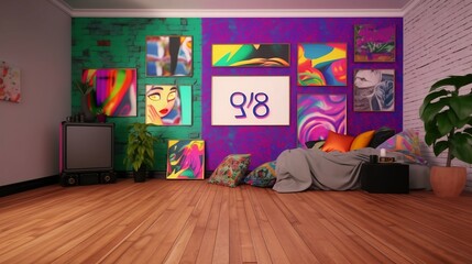  room with nostalgic 90's theme with vibrant and eye-catching art on simple plain wall background - ideal for real estate photography and interior design. generative ai