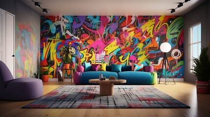  room with nostalgic 90's theme with vibrant and eye-catching art on simple plain wall background - ideal for real estate photography and interior design. generative ai