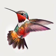 Fototapeta premium Generative AI colorful hummingbird flying with white background