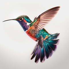 Generative AI colorful hummingbird flapping its wings against a white background