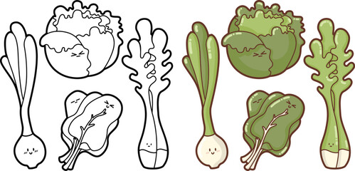 "Set of happy, cute and funny vegetables" (spinach, celery branch, spring onion, kale) Outlines-contours - design for logo,  stickers, icon, illustration for coloring books, kawaii veggies collection