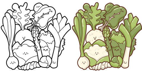 "Composition of happy, cute and funny vegetables" (spinach, celery, spring onion, kale, leek, aspargus, sprout, crosne, cauliflower) Outlines-contours - illustration for coloring books, kawaii veggies