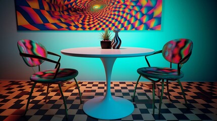 restaurant or display table with nostalgic 90's theme with vibrant and eye-catching art on simple plain wall background - ideal for real estate photography and interior design. generative ai