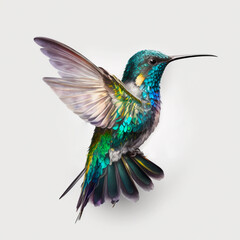Obraz premium Generative AI blue and green hummingbird flying with white background