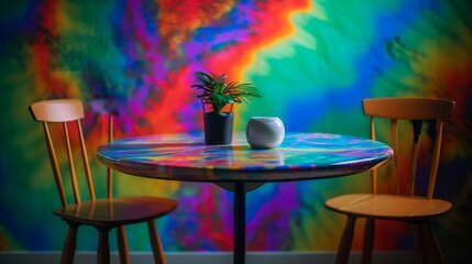 Obraz premium restaurant or display table with nostalgic 90's theme with vibrant and eye-catching art on simple plain wall background - ideal for real estate photography and interior design. generative ai