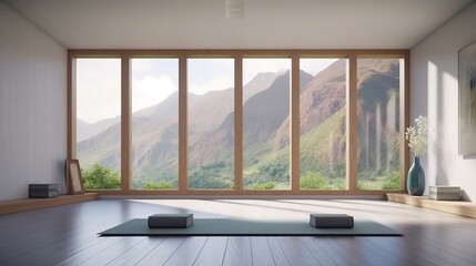 yoga room with minimal architecture of beautiful mountains and sunlight - ideal for real estate photography and interior design. generative ai