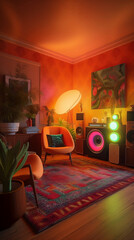 psychedelic 70's living room - nostalgic 70's theme with vibrant and eye-catching psychedelic art on simple plain wall background - ideal for real estate photography and interior design. generative ai