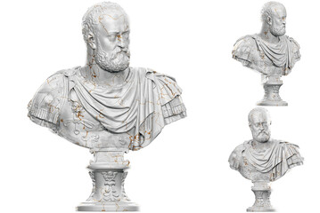 Obraz premium 3D render of a historical bust statue with stone texture and gold accents. Ideal for historical design projects..
