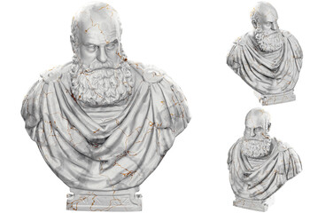 3D render of a historical bust statue with stone texture and gold accents. Ideal for historical design projects..