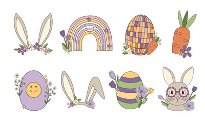 Groovy hippie Happy Easter set. Easter bunny, eggs, bunny ears, carrot. Set of cartoon characters and elements in trendy retro 60s 70s cartoon style.