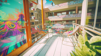 Fototapeta premium psychedelic 70's balcony - nostalgic 70's theme with vibrant and eye-catching psychedelic art on simple plain wall background - ideal for real estate photography and interior design. generative ai