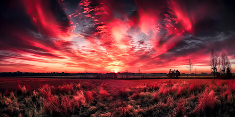 Fototapeta premium A tranquil sky blends into a rolling field of wildflowers, the warm colors of sunset painting the landscape in a beautiful hue. - generative ai