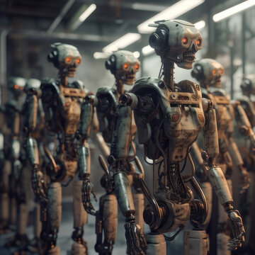 A crowd of robots. AI generative.