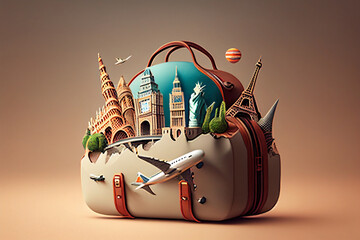 Traveling around the world concept. 3D illustration of a suitcase with a world map, airplane generative ai