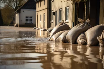Foto op Aluminium Close shot of flood Protection Sandbags with flooded homes in the background. - AI Generated © mbruxelle