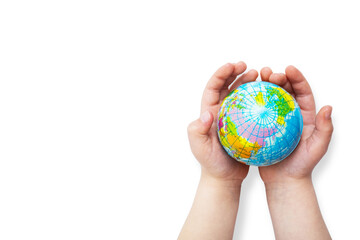 Environment for future, save the planet concept. World globe in child hands top view banner with copy space