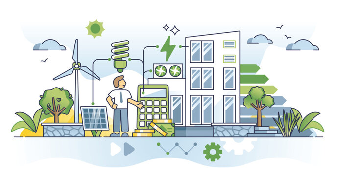 Sustainable business practices in nature friendly company outline concept. Environmental climate resources consumption with alternative energy usage for corporate factory needs vector illustration.