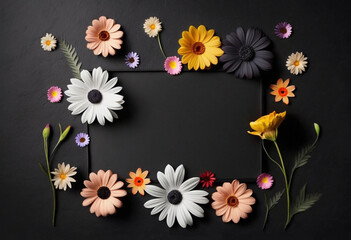 Blossom floral frame with empty space on black background for banner. Romantic flowers border for text. Generative AI