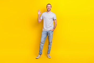 Fototapeta na wymiar Full size photo of good mood friendly man wear gray t-shirt jeans hand in pocket waving palm say hi isolated on yellow color background