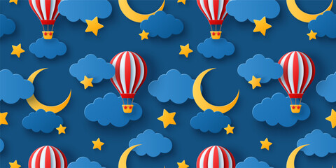 Seamless pattern with fluffy clouds on dark sky background, gold moon crescent, stars and red hot air balloon. Vector illustration. Paper cut style. Good night baby wallpaper © kotoffei