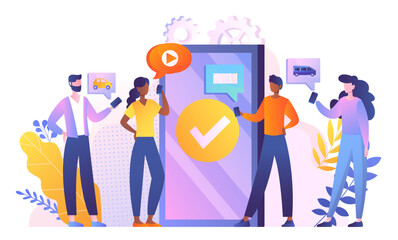 People with smartphone. Men and women near phone screen. Gadgets and devices modern technology. Female and male characters in social networks and messengers. Cartoon flat vector illustration