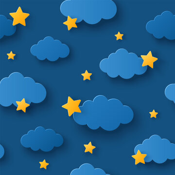 Seamless pattern with fluffy clouds on dark sky background and stars. Vector illustration. Paper cut style. Good night baby wallpaper