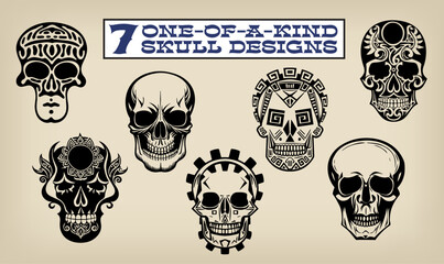 A collection of 7 one-of-a-kind graphic art skull designs, each with a unique artistic look and vibe.