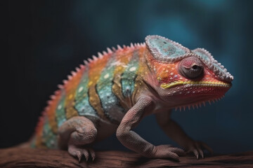 Obraz premium Multi-colored chameleon on a branch. AI generative.