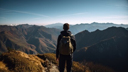 backside of a satisfied hiker looking at mountains and valley, ai generated
