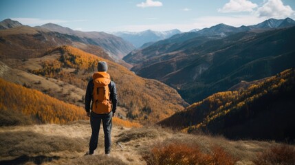 backside of a satisfied hiker looking at mountains and valley, ai generated