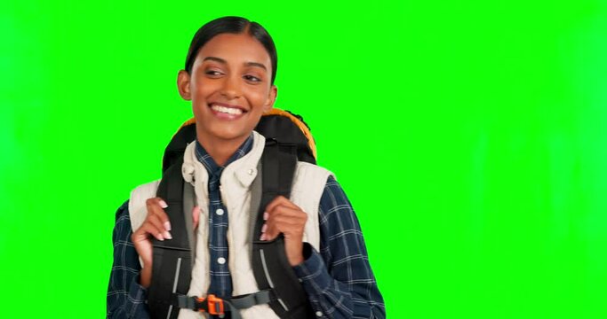 Travel, green screen and happy woman face in a studio on camper adventure with mockup. Isolated, female and vacation gear of a model on a holiday and eco camping journey experience with backpack