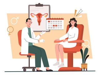 Gynecologist consultations concept. Woman talking to specialist. Young girl next to of ovulation and menstruation calendar. Pregnancy monitoring, disease treatment. Cartoon flat vector illustration