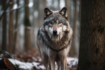 Obraz premium Canis lupus, the gray wolf, standing in a forest. Generative AI