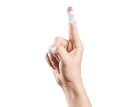 Hand with bandaged index finger, cut out