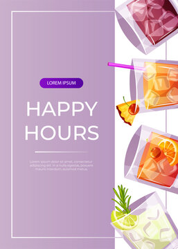 Promo flyer with classic cocktails gin tonic, whiskey soda, old fashioned, mai tai. Italian aperitif. Alcoholic beverage for drinks bar menu. Holidays, summer vacation, party, recreation. A4 poster
