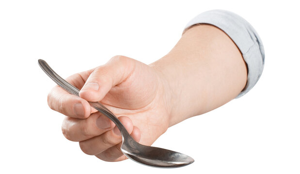 Hand holding a spoon, cut out